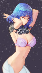 Rule 34 | 1girl, armlet, armpits, arms up, bad id, bad pixiv id, blue eyes, blue hair, blurry, bra, breasts, cleavage, collar, depth of field, hidezi, hip focus, large breasts, lingerie, midriff, navel, original, out-of-frame censoring, pink bra, purple bra, short hair, solo, standing, underwear, white legwear