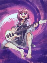 Rule 34 | 1girl, :d, @ @, absurdres, barefoot, bass guitar, blunt bangs, blush, bocchi the rock!, dolphilia, dress, full body, green dress, guitar, guitar strap, highres, hiroi kikuri, holding, holding guitar, holding instrument, instrument, jacket, looking at viewer, multicolored clothes, multicolored jacket, no nose, open mouth, psychedelic, purple background, purple hair, sharp teeth, sitting, smile, solo, spiral background, tareme, teeth, two-tone jacket