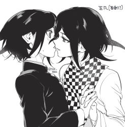 Rule 34 | 2boys, blush, checkered clothes, checkered scarf, danganronpa (series), danganronpa v3: killing harmony, dual persona, eye contact, flipped hair, from side, holding hands, jacket, long sleeves, looking at another, multiple boys, official alternate costume, oma kokichi, parted lips, scarf, selfcest, teeth, togi9999, translation request, upper body, yaoi