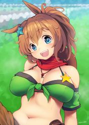 Rule 34 | 1girl, :d, animal ears, armband, bare shoulders, blue eyes, blue pupils, breasts, brown hair, cleavage, covered erect nipples, detached sleeves, deto, front-tie top, green armband, hair between eyes, hair ornament, head tilt, highres, horse ears, horse girl, jewelry, large breasts, looking at viewer, medium hair, midriff, navel, necklace, open mouth, ponytail, red scarf, scarf, short sleeves, smile, solo, star (symbol), star hair ornament, sweat, taiki shuttle (umamusume), teeth, twitter username, umamusume