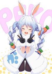 Rule 34 | 1girl, :d, ^ ^, absurdres, animal ear fluff, animal ears, black gloves, blue hair, braid, carrot, carrot hair ornament, closed eyes, commentary request, cowboy shot, cropped legs, detached sleeves, don-chan (usada pekora), dot nose, double v, facing viewer, food-themed hair ornament, fur-trimmed gloves, fur trim, gloves, gluteal fold, hair ornament, highres, hololive, long hair, multicolored hair, open mouth, puffy detached sleeves, puffy sleeves, rabbit ears, rabbit girl, round teeth, short eyebrows, smile, solo, teeth, thick eyebrows, thigh gap, twin braids, twintails, two-tone hair, ugume, upper teeth only, usada pekora, usada pekora (1st costume), v, very long hair, virtual youtuber, white hair