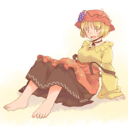 Rule 34 | 1girl, aki minoriko, apron, arm support, barefoot, black skirt, blonde hair, collared shirt, commentary, frilled skirt, frills, full body, grape hat ornament, hat, long sleeves, mob cap, open mouth, orange apron, orange hat, rangycrow, shirt, short hair, sitting, skirt, solo, suspenders, toes, touhou, wide sleeves, yellow shirt, | |