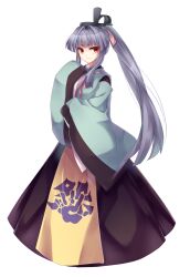 Rule 34 | 1girl, akinomiya asuka, alternate color, black hat, black kimono, blunt bangs, closed mouth, commentary request, detached sleeves, full body, hat, highres, japanese clothes, kariginu, kimono, long hair, mystical power plant, original, ponytail, purple hair, red eyes, simple background, sleeves past fingers, sleeves past wrists, smile, solo, suitokuin tenmu, tate eboshi, touhou, transparent background