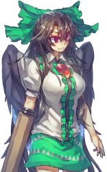 Rule 34 | 1girl, arm cannon, arms at sides, black wings, blouse, bow, breasts, brown hair, cape, green skirt, hair bow, hair ribbon, large breasts, long hair, looking away, melon22, puffy short sleeves, puffy sleeves, red eyes, reiuji utsuho, ribbon, shirt, short sleeves, skirt, smile, solo, standing, third eye, touhou, very long hair, weapon, white shirt, wings