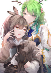Rule 34 | 2girls, absurdres, black gloves, blue nails, branch, brown eyes, brown hair, ceres fauna, feathers, fingernails, gloves, green hair, highres, hololive, hololive english, long hair, looking at another, mole, mole under eye, multiple girls, nail polish, nanashi mumei, open mouth, partially fingerless gloves, rizhi55, solo, virtual youtuber, yellow eyes, yuri