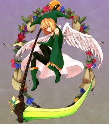 Rule 34 | 1boy, androgynous, angel wings, bag, black pantyhose, blonde hair, blouse, bob cut, boots, crossdressing, detached sleeves, elona, feathered wings, feathers, flower, from side, full body, gradient background, green eyes, green footwear, green hat, green shirt, hair between eyes, hat, holding, holding scythe, holding weapon, jester cap, knee boots, kumiromi of harvest, leaf, legs apart, long sleeves, male focus, pantyhose, platform boots, platform footwear, red flower, red rose, rose, scythe, shirt, short hair, skirt, sleeveless, sleeveless shirt, solo, turtleneck, weapon, white skirt, white wings, wide sleeves, wings, yarai (fdhjzs)