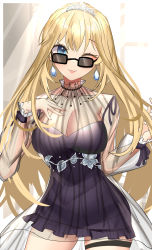 Rule 34 | 1girl, absurdres, black dress, blonde hair, blue eyes, blush, breasts, cleavage, closed mouth, collarbone, dress, earrings, hand on own chest, highres, hololive, hololive english, jewelry, large breasts, long hair, looking at viewer, mole, mole on breast, one eye closed, smile, solo, sunglasses, tiara, virtual youtuber, watson amelia, watson amelia (party dress), weyas kayur