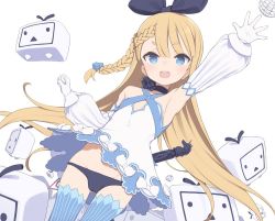Rule 34 | 1girl, alicia solid, arm up, armpits, black panties, blonde hair, blue eyes, blue thighhighs, bow, braid, choker, dress, elbow sleeve, flat chest, gamuo, hair bow, long hair, mascot, niconi solid, niconico, panties, ribbon choker, scepter, short eyebrows, simple background, single braid, sleeveless, sleeveless dress, star-shaped pupils, star (symbol), striped clothes, striped thighhighs, symbol-shaped pupils, terebi-chan, thighhighs, triangle mouth, two-tone dress, underwear, vertical-striped clothes, vertical-striped thighhighs, very long hair, waving, white background, white dress