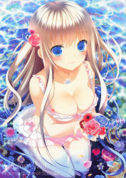 Rule 34 | 1girl, absurdres, afloat, bikini, blonde hair, blue eyes, blue flower, blue rose, blush, breasts, cleavage, flower, frilled bikini, frills, hair flower, hair ornament, happy, highres, holding, jewelry, kneeling, large breasts, legs, long hair, looking at viewer, makita maki, necklace, original, partially submerged, petals, pink flower, pink rose, rose, seiza, sitting, smile, solo, strap gap, swimsuit, thigh gap, thighs, very long hair, water, white bikini
