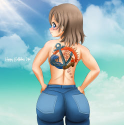 Rule 34 | 1girl, :p, absurdres, anchor tattoo, aqua eyes, back tattoo, bare shoulders, black pants, blue eyes, blue sky, blush, brown hair, cloud, danzfloor, day, facial mark, female focus, from behind, grey hair, hair between eyes, hands on own hips, happy birthday, highres, light brown hair, looking at viewer, love live!, love live! sunshine!!, outdoors, pants, short hair, sky, solo, star tattoo, sun, sunlight, sweatdrop, tattoo, tongue, tongue out, watanabe you