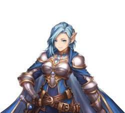 Rule 34 | arm at side, armor, artist request, belt, between breasts, blue cape, blue dress, blue eyes, blue gemstone, blue hair, blue theme, breastplate, breasts, cape, dress, earrings, elona, elona mobile, gauntlets, gem, hair behind ear, hand on own hip, highres, jewelry, larnneire, long hair, long sleeves, looking at viewer, mole, mole under eye, official art, solo, sword, transparent background, upper body, weapon