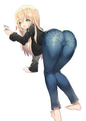 Rule 34 | 1girl, ass, barefoot, bent over, black sweater, blonde hair, breasts, cameltoe, covered erect nipples, denim, green eyes, highres, large breasts, long hair, long sleeves, mamuru, open mouth, original, pants, ribbed sweater, shiny clothes, simple background, smile, solo, standing, sweater, white background