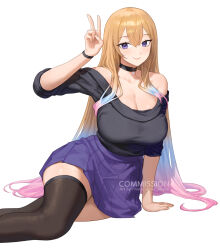 Rule 34 | 1girl, arm support, bare shoulders, black choker, black shirt, black thighhighs, blonde hair, blue hair, borrowed character, breasts, choker, cleavage, commentary, commission, feet out of frame, gradient hair, hand up, large breasts, long hair, looking at viewer, miniskirt, multicolored hair, nhaliz, off-shoulder shirt, off shoulder, original, pink hair, pleated skirt, purple eyes, purple skirt, shirt, short sleeves, sitting, skirt, smile, solo, thighhighs, v, very long hair, zettai ryouiki
