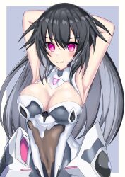 Rule 34 | 1girl, armpits, arms behind head, black hair, blush, bodysuit, breasts, cleavage, covered navel, gray sister (neptunia), highres, large breasts, long hair, looking at viewer, neptune (series), pink eyes, smile, solo, stiris rangetsu, tongue, tongue out