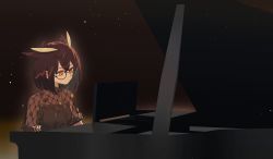 Rule 34 | 1girl, ambience synesthesia, arknights, bad id, bad pixiv id, brown background, brown dress, dress, earrings, feather hair, glasses, gradient background, highres, instrument, jewelry, light particles, music, official alternate costume, orange eyes, piano, playing instrument, playing piano, see-through, short hair, silence (arknights), solo, zy (zyyyyyyy9)