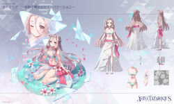 1girl aster_tatariqus bikini flower full_body hair_flower hair_ornament highres holding looking_at_viewer mirror no_socks one_eye_closed open_mouth petals red_eyes reflection sandals sarong sitting smile solo standing swimsuit wariza