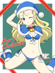 Rule 34 | 1girl, :o, assam (girls und panzer), bell, bikini, blonde hair, blue bikini, blue capelet, blue eyes, blue footwear, blue hat, boots, breasts, capelet, christmas, commentary, english text, front-tie bikini top, front-tie top, fur-trimmed capelet, fur cuffs, fur trim, girls und panzer, girls und panzer senshadou daisakusen!, groin, hair pulled back, hand on another&#039;s head, hat, highres, holly, ichinose jun, long hair, looking at viewer, merry christmas, neck bell, official alternate costume, one eye closed, parted lips, santa bikini, santa boots, santa hat, side-tie bikini bottom, sitting, small breasts, solo, swimsuit, wariza