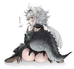 Rule 34 | 1girl, ahoge, arknights, ass, bare shoulders, black footwear, black panties, blush, commentary request, crocodilian tail, from behind, grey hair, high heels, highres, horn/wood, large tail, long hair, looking at viewer, looking back, low ponytail, panties, pointy ears, profile, simple background, sitting, solo, spiked tail, tail, tomimi (arknights), underwear, wariza, white background, yellow eyes