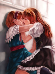 Rule 34 | 2girls, against wall, alice margatroid, arms around neck, bad id, bad pixiv id, blonde hair, blush, braid, couple, curtains, artistic error, closed eyes, female focus, french kiss, frottage, fukahire (ruinon), girl on top, hairband, hand on another&#039;s cheek, hand on another&#039;s face, hug, inuzuka bouru, kirisame marisa, kiss, long hair, multiple girls, orange hair, shadow, short hair, sitting, sitting on person, straddling, tongue, touhou, window, yuri