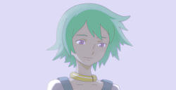 Rule 34 | 00s, 1girl, aqua hair, blurry, closed mouth, collar, collarbone, eureka (eureka seven), eureka seven, eureka seven (series), green hair, looking down, pink background, short hair, simple background, smile, solo, upper body