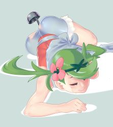 Rule 34 | 10s, 1girl, alternate color, blush, closed eyes, creatures (company), female focus, female masturbation, flower, game freak, gloss (hotglossed), green hair, hair flower, hair ornament, highres, implied masturbation, ladle, lip biting, mallow (pokemon), masturbation, nintendo, object insertion, overalls, pokemon, pokemon sm, pussy juice, pussy juice trail, shiny skin, simple background, solo, sweat, trial captain, twintails