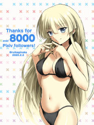 Rule 34 | 1girl, bikini, black bikini, blonde hair, blue eyes, breasts, commentary request, cowboy shot, dated, english text, milestone celebration, highres, jewelry, kaginaka rui, long hair, looking at viewer, medium breasts, necklace, original, smile, solo, standing, swimsuit, twitter username, very long hair, white background