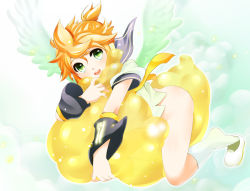 Rule 34 | 1boy, blonde hair, bottomless, child, detached sleeves, full body, gradient background, green eyes, kagamine len, male focus, necktie, o-mars, solo, vocaloid, wings