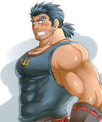 Rule 34 | 1boy, anchor necklace, bara, bare shoulders, blue tank top, blush, character request, collarbone, covered abs, dark-skinned male, dark skin, facial hair, forked eyebrows, from side, large pectorals, long sideburns, looking at viewer, male focus, muscular, muscular male, necklace, pectorals, scar, scar across eye, scar on face, short hair, shoukan yuusha to f-kei kareshi, sideburns, solo, stubble, sunfight0201, tank top, tokyo houkago summoners