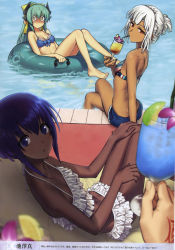 Rule 34 | 3girls, absurdres, altera (fate), bare legs, bare shoulders, barefoot, bikini, blue eyes, blue hair, blurry, bow, breasts, command spell, crossed legs, cutoffs, dark-skinned female, dark skin, depth of field, drinking, drinking straw, drinking straw in mouth, fate/grand order, fate (series), feet, food, frilled bikini, frills, from behind, fruit, green hair, hair bow, hair up, hairband, halterneck, hassan of serenity (fate), highres, horns, ikezawa shin, innertube, kiyohime (fate), kiyohime (swimsuit lancer) (third ascension) (fate), lemon, lime (fruit), long hair, looking back, mouth hold, multiple girls, nail polish, navel, non-web source, o o, outdoors, ponytail, poolside, reclining, red eyes, scan, shaded face, short hair, short shorts, shorts, sitting, small breasts, soaking feet, swim ring, swimsuit, tattoo, v-shaped eyebrows, white bikini, white hair, yellow eyes