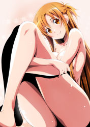Rule 34 | 1girl, asuna (sao), barefoot, breasts, brown eyes, closed mouth, completely nude, cover, cover page, highres, island (kossori), large breasts, long hair, looking at viewer, nude, orange hair, pink background, sitting, smile, solo, sword art online