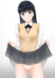 Rule 34 | 1girl, amagami, ayatsuji tsukasa, black bow, black bowtie, black eyes, black hair, bow, bowtie, closed mouth, clothes lift, cowboy shot, gluteal fold, gradient background, grey background, grey skirt, highres, kero320, kibito high school uniform, lace, lace panties, light smile, long hair, long sleeves, looking at viewer, panties, pleated skirt, pubic hair, pubic hair peek, school uniform, shirt, skirt, skirt lift, solo, straight hair, sweater vest, underwear, white background, white panties, white shirt, yellow sweater vest
