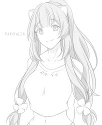 Rule 34 | 1girl, akikan ooo, animal ears, arms behind back, bare shoulders, bikini, blunt bangs, breasts, character name, cleavage, closed mouth, collarbone, commentary request, cropped shirt, flower, gradient background, greyscale, hair flower, hair ornament, high ponytail, long hair, looking at viewer, midriff, monochrome, navel, night, night sky, ponytail, raccoon ears, raccoon girl, raphtalia, shirt, sky, smile, solo, stomach, swimsuit, tate no yuusha no nariagari, upper body