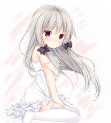 Rule 34 | 10s, 1girl, absurdres, bare arms, bare shoulders, black bow, blush, bow, closed mouth, commentary request, dress, fingernails, frilled dress, frills, grey hair, hair between eyes, hair bow, highres, long hair, looking at viewer, looking to the side, red eyes, shizukawashi sumi, sleeveless, sleeveless dress, solo, sophie twilight, tears, thighhighs, tonari no kyuuketsuki-san, very long hair, white dress, white thighhighs