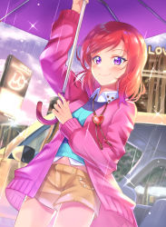 Rule 34 | 10s, 1girl, absurdres, birthday, car, cloud, happy birthday, heart, heart necklace, highres, jacket, jewelry, long sleeves, love live!, love live! school idol festival, love live! school idol project, motor vehicle, necklace, nishikino maki, outdoors, purple eyes, rain, red hair, shaka (staito0515), short hair, short shorts, shorts, solo, sparkle, standing, umbrella