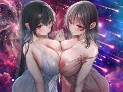 2girls arched_back babydoll bare_arms black_hair blue_babydoll blue_eyes blush breast_press breasts collarbone cum cum_on_body cum_on_breasts cum_on_upper_body hair_ribbon highres interlocked_fingers large_areolae large_breasts large_nipples lingerie lips long_hair looking_at_viewer meteor meteor_shower multiple_girls nipple_slip nipples non-web_source original parted_lips pink_babydoll ribbon shiroiruka sidelocks sky star_(sky) starry_sky symmetrical_docking underwear yuri