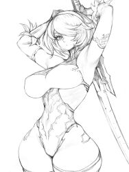 Rule 34 | 1girl, 2b (nier:automata), breasts, cleavage, cleavage cutout, clothing cutout, commentary, covered navel, cowboy shot, cropped legs, curvy, elbow gloves, fumio (rsqkr), gloves, hair between eyes, hair over one eye, headband, heattech leotard, highleg, highleg leotard, highres, holding, holding sword, holding weapon, juliet sleeves, large breasts, leotard, long sleeves, mole, mole under mouth, monochrome, nier:automata, nier (series), no blindfold, parted lips, puffy sleeves, short hair, simple background, skin tight, sleeveless, sleeveless turtleneck, sleeveless turtleneck leotard, solo, sword, thick thighs, thighhighs, thighs, turtleneck, weapon, weapon behind back, white background, wide hips