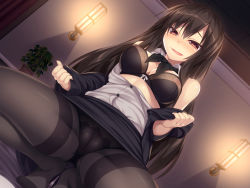 Rule 34 | 1girl, :d, black bow, black panties, black skirt, blouse, blush, bow, bowtie, breasts, brown eyes, brown hair, cameltoe, cleavage, dutch angle, highres, indoors, large breasts, long hair, long sleeves, looking at viewer, official art, oneesan no onanii kansatsu, open clothes, open mouth, open shirt, panties, pantyhose, pencil skirt, plant, potted plant, roshin, shirt, skirt, smile, solo, squatting, thighband pantyhose, underwear, undressing, very long hair