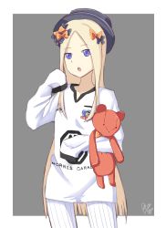 Rule 34 | 1girl, abigail williams (fate), black bow, black hat, blonde hair, blue eyes, bow, clothes writing, collarbone, commentary, commission, cowboy shot, drogodoggo, fate/grand order, fate (series), forehead, grey background, hair bow, hat, highres, hugging object, long hair, long sleeves, multiple hair bows, orange bow, oversized clothes, oversized shirt, pants, parted bangs, parted lips, round teeth, shirt, signature, sleeves past fingers, sleeves past wrists, solo, striped clothes, striped pants, stuffed animal, stuffed toy, teddy bear, teeth, two-tone background, upper teeth only, vertical-striped clothes, vertical-striped pants, very long hair, white background, white pants, white shirt