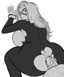 1boy 1girl absurdres anal black_cat_(marvel) bodysuit felicia_hardy greyscale highres long_hair looking_back marvel mask monochrome penis smile torn_bodysuit torn_clothes variant_set