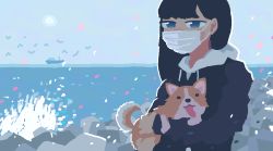 Rule 34 | 1girl, animal, bird, black hair, black jacket, blue eyes, blue sky, blunt bangs, boat, brown dog, cherry blossoms, day, dog, holding, holding animal, holding dog, hood, hooded jacket, jacket, long hair, long sleeves, looking at phone, mask, mouth mask, original, outdoors, petals, phone, pink petals, rock, sky, solo, sun, sunlight, surgical mask, toyoi yuuta, water, watercraft, waves