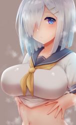 Rule 34 | 1girl, blue eyes, blush, breasts, gloves, hair ornament, hair over one eye, hairclip, hamakaze (kancolle), highres, kantai collection, kyuunosuke (lactis09), large breasts, looking at viewer, navel, neckerchief, school uniform, serafuku, short hair, short sleeves, silver hair, simple background, white gloves, yellow neckerchief