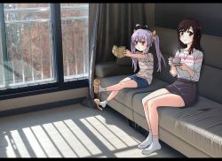 Rule 34 | 2girls, ahoge, black hair, book, bow, brown eyes, couch, cup, curtains, drink, hair bow, holding, holding book, holding cup, ichijou hotaru, jitome, letterboxed, long hair, looking at viewer, medium hair, miyauchi renge, multiple girls, non non biyori, photo background, purple hair, railing, reading, red eyes, saucer, shirt, shorts, sidarim, sitting, skirt, slippers, smile, socks, steam, straight hair, striped clothes, striped shirt, t-shirt, teacup, tree, twintails, window, yellow bow