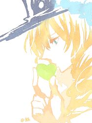 Rule 34 | 1boy, black hat, blonde hair, blue eyes, cavendish, close-up, commentary, drill hair, fish191101756, hat, hat feather, heart, kiss, long hair, male focus, one piece, profile, simple background, solo, white background