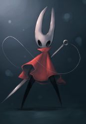 Rule 34 | cloak, highres, holding, hollow eyes, hollow knight, hornet (hollow knight), legs apart, needle, needle (hollow knight), needle sword, no humans, okame nin, red cloak, solo, standing