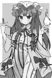 Rule 34 | 1girl, bad id, bad twitter id, blunt bangs, blush, book, bow, breasts, capelet, commentary request, crescent, crescent pin, dress, fire, greyscale, hair bow, hat, hat ribbon, highres, holding, holding book, large breasts, long hair, looking at viewer, mob cap, monochrome, neck ribbon, open book, parted lips, patchouli knowledge, ribbon, robe, sakaki (utigi), simple background, sketch, solo, striped clothes, striped dress, sweatdrop, touhou, wide sleeves