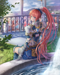 Rule 34 | 1girl, armor, back, bad id, bad pixiv id, blush, day, fountain, highres, k ryo, kneehighs, long hair, looking at viewer, miniskirt, original, outdoors, pauldrons, pink hair, ponytail, shoulder armor, sitting, skirt, smile, socks, solo, striped clothes, striped skirt, vertical-striped clothes, vertical-striped skirt, very long hair