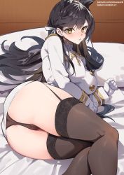 Rule 34 | 1girl, animal ears, ass, atago (azur lane), azur lane, black hair, blush, breasts, brown panties, brown thighhighs, buttons, dog ears, extra ears, gloves, highres, jacket, large breasts, long hair, long sleeves, looking at viewer, military, military uniform, mole, mole under eye, panties, ribbon, simao (x x36131422), solo, swept bangs, thighhighs, thighs, underwear, uniform, white gloves, white jacket, white ribbon, yellow eyes