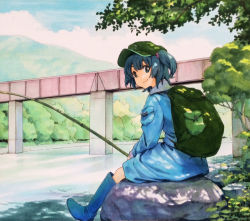 Rule 34 | 1girl, backpack, bag, blue dress, blue eyes, blue footwear, blue hair, blue sky, boots, bridge, cloud, day, dress, fishing, fishing rod, forest, hair bobbles, hair ornament, kawashiro nitori, knee boots, long sleeves, looking at viewer, marker (medium), matching hair/eyes, millipen (medium), mountain, nature, river, rock, rubber boots, shiratama (hockey), sitting, sitting on rock, sky, smile, solo, touhou, traditional media, tree, twintails, two side up