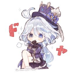 Rule 34 | 1girl, afterimage, ahoge, ahoge wag, artist name, ascot, asymmetrical gloves, back bow, black ascot, black gloves, blue bow, blue eyes, blue hair, blue hat, blue jacket, blush, blush stickers, bow, brooch, chibi, closed mouth, commentary request, crossed legs, drop-shaped pupils, expressive hair, eyelashes, feet out of frame, frilled sleeves, frills, furina (genshin impact), genshin impact, gloves, hair between eyes, hair intakes, half gloves, hand on own chin, hand up, hat, hat bow, heterochromia, highres, jacket, jewelry, lapels, long hair, long sleeves, looking at viewer, mismatched gloves, mismatched pupils, motion lines, multicolored hair, nekorune (bukubuku awai), open clothes, open jacket, parted bangs, puff of air, shirt, short shorts, shorts, sidelocks, simple background, sitting, sleeve cuffs, smile, solo, sparkle, streaked hair, swept bangs, symbol-shaped pupils, thigh strap, tilted headwear, top hat, translation request, twitter username, very long hair, white background, white gloves, white hair, white shirt, white shorts
