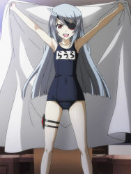 Rule 34 | 10s, 1girl, bed sheet, covered navel, eyepatch, highres, infinite stratos, laura bodewig, long hair, name tag, one-piece swimsuit, red eyes, school swimsuit, screencap, silver hair, solo, stitched, swimsuit, thigh strap, third-party edit